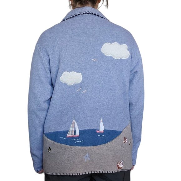 Retro 90s Coastal‎ Grandma Lighthouse Fleece Jacket Nautical S/M Beach Sailboat - Picture 2 of 14